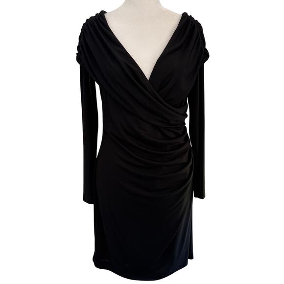 St. John Couture Black Draped Sz 6 Formal Cocktail Dress Long Sleeve Knee Length - Picture 5 of 7